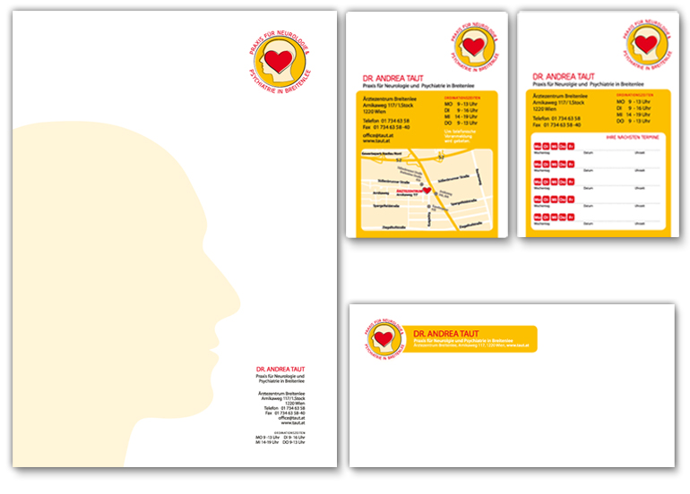 Grafik Design Drucksorten: Kuvert, Briefpapier, Abrissblöcke für Arztpraxis