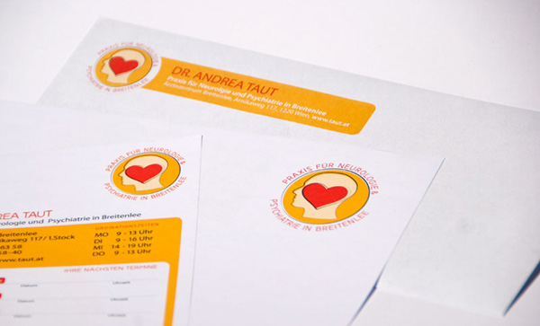 Gestaltung der Drucksorten, Kuvert, Briefpapier, Abrissblöcke für Arztpraxis