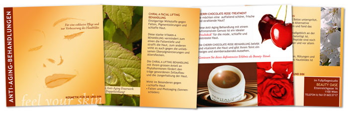 Folder Kosmetikbehandlungen-Antiaging, 4 seitig, 1-Bruch-Falz, CMYK, by alexandra della toffola | grafiker/in in Wien