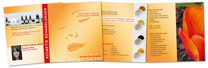 Folder Kosmetikbehandlungen, 4 seitig, 1-Bruch-Falz, CMYK, by alexandra della toffola | grafiker/in in Wien