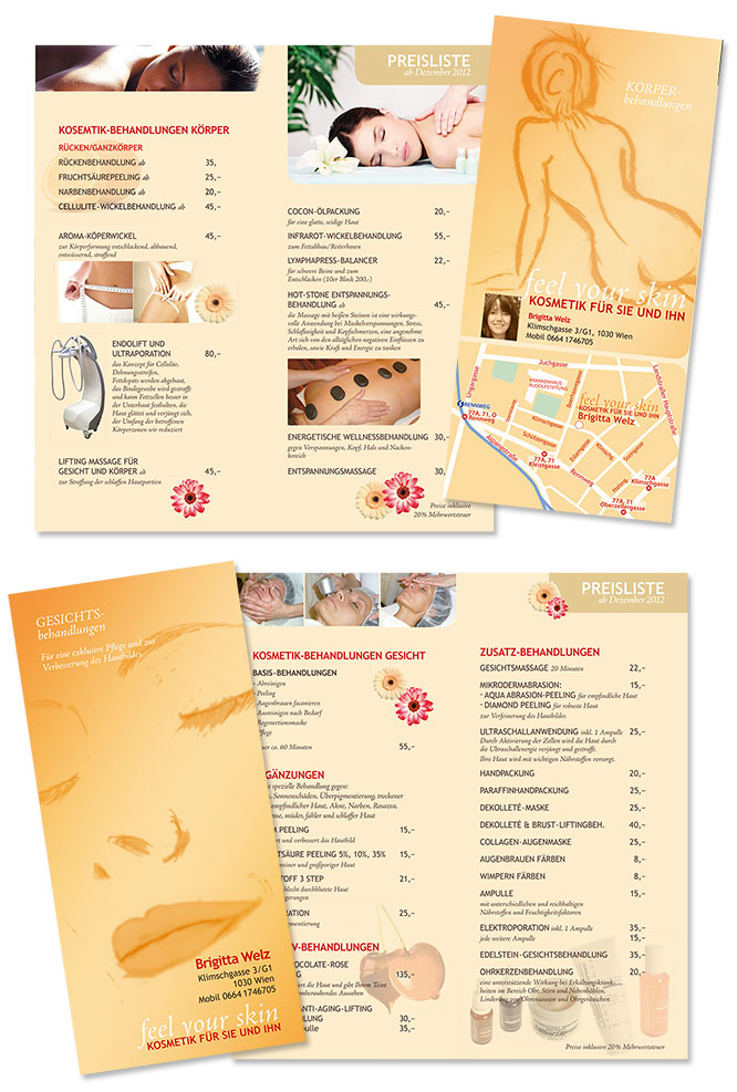Neuer Folder Preisliste 2012 Kosmetik Behandlungen, Wickel-Falz, CMYK, by alexandra della toffola | grafiker/in in Wien